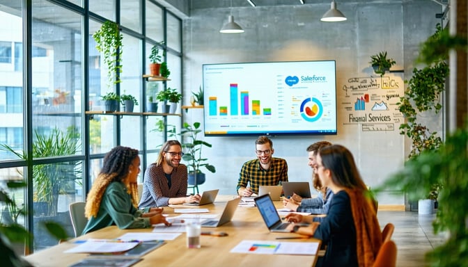 The image depicts a modern collaborative office space filled with bright natural light In the foreground a diverse team of professionals is engaged in a lively discussion around a conference table with laptops open and documents spread out A large sc