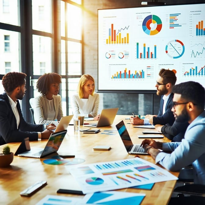 The image depicts a modern office space filled with financial professionals engaged in discussions around a sleek conference table Bright sunlight streams through large windows casting a warm glow on the polished wooden surface On the table laptops a
